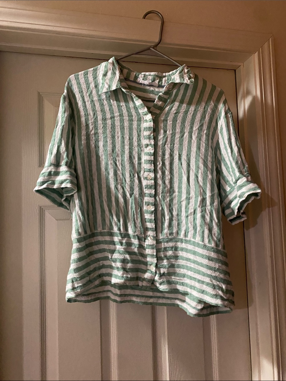 Jane and Delancey Green and White Striped Button-Front Shirt